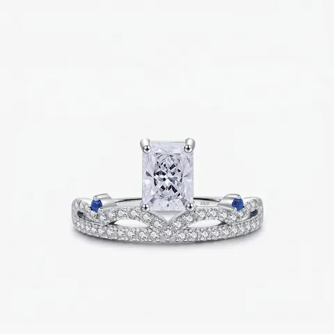 S925 Sterling Silver Crown Ring Rectangular Rhinestone Elegant Finger Ring Fashion Jewelry For Women Blue Accents Gift