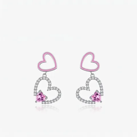 Pendientes Colgantes de Doble Corazón de Plata de Ley 925 Esmalte Rosa Hueco Circonia Incrustada Joyería Romántica para Mujer
