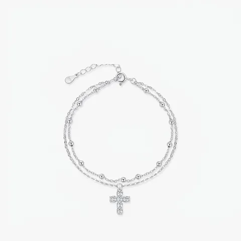 S925 Sterlingsilber Doppellagig Armband Strass Kreuz Anhänger Perlenkette Individuell Minimalistisch Schmuck Für Damen