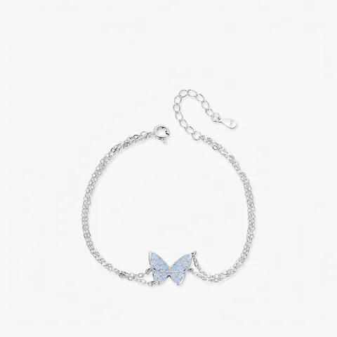 Pulsera de Mariposa de Doble Capa de Plata de Ley 925 para Mujer con Circonia Azul Claro Incrustada Joyería de Mano