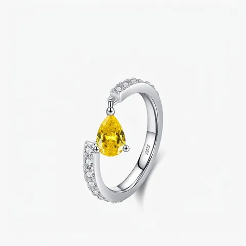 925 Sterling Silver Yellow Water Drop Pendant Open Ring For Women Adjustable Rhinestone Inlaid Elegant Minimalist Finger Ring Jewelry