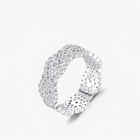 French Luxury S925 Sterling Silver Honeycomb Hollow Band Ring For Women Elegant Rhinestone Inlaid Fashion Individual Jewelry