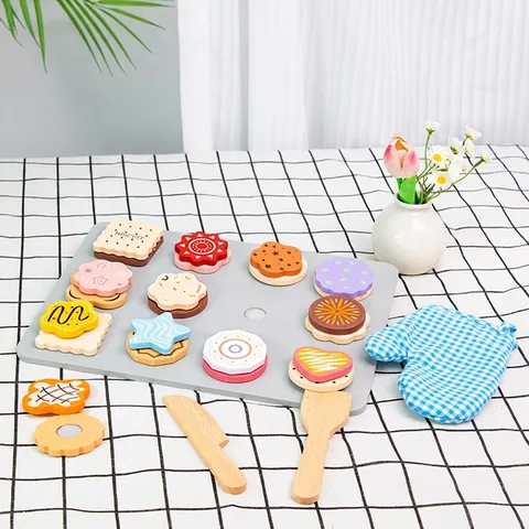Wooden Pretend Play Baking Cookies Toy Set For Kids Simulation Kitchen Accessories With Baking Tray Glove Spatula Role Play Gift