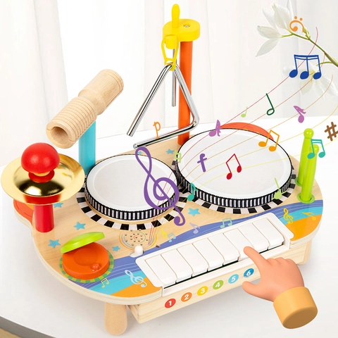 Giocattolo Multifunzionale in Legno per Strumenti Musicali Batteria Elettronica Pianoforte Regalo per l'apprendimento Educativo per Bambini