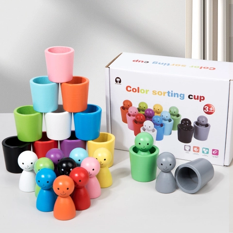 Montessori Wooden Color Sorting Cup Toy With 12 Colors Peg Dolls Early Learning Educational Toy For Kids Training Tool