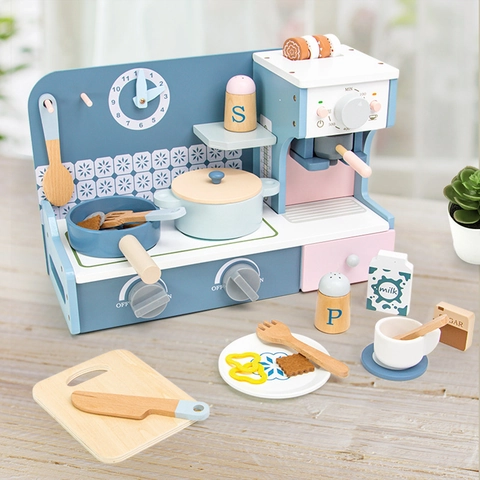 Kids Wood Kitchen Toy Morandi Pretend Play Kitchen Cooking Stove Coffee Machine Accessories Educational Role Play Toy For Toddlers