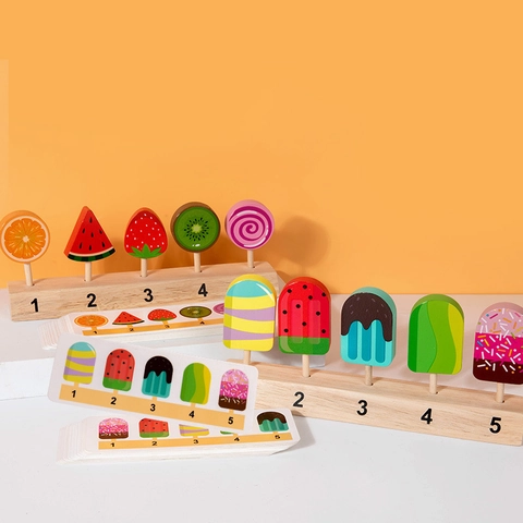 Wooden Popsicle Lollipop Number Logic Game Toy For Kids Educational Pretend Play Fruit Dessert Matching Matching Cards Set