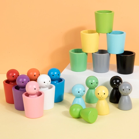 Montessori Wooden Color Sorting Cup Toy With 12 Colors Peg Dolls Early Learning Educational Toy For Kids Training Tool