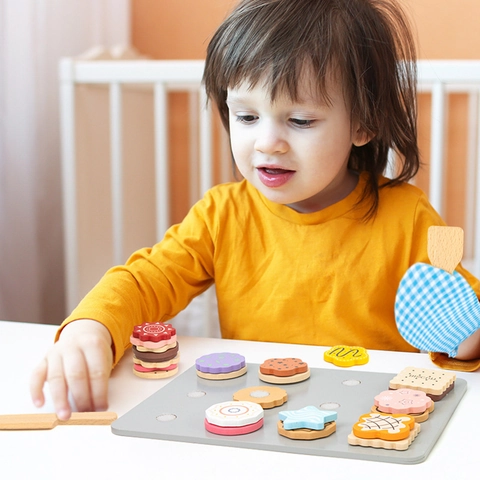 Wooden Pretend Play Baking Cookies Toy Set For Kids Simulation Kitchen Accessories With Baking Tray Glove Spatula Role Play Gift