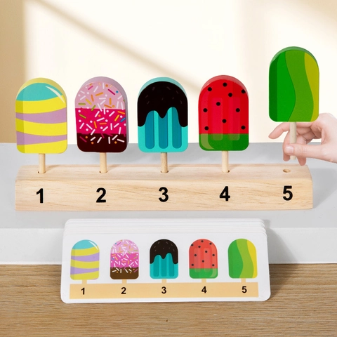 Holz Eiscreme Lutscher Zahlen Logik Spiel Spielzeug Für Kinder Pädagogisches Rollenspiel Obst Dessert Passende Karten Set