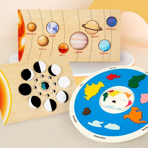 Pädagogisches Holz Sonnensystem Planeten Puzzle Spielzeug Mondphasen Kognitionsbrett Weltkarte Geographie Lernen Montessori Spielzeug Für Kinder Astronomie Wissenschaft Geschenk