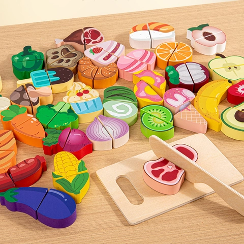 Wooden Pretend Play Food Fruit Vegetable Dessert Cutting Toy Kids Kitchen Educational Simulation Toy For Boys Girls