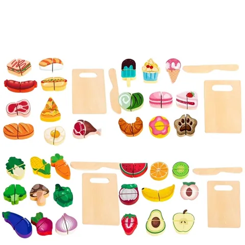 Wooden Pretend Play Food Fruit Vegetable Dessert Cutting Toy Kids Kitchen Educational Simulation Toy For Boys Girls