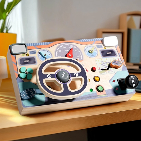 Pannello Sensoriale in Legno Montessori Simulatore di Guida Auto Giocattolo con Volante per Bambini con Luci a LED