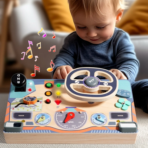 Pannello Sensoriale in Legno Montessori Simulatore di Guida Auto Giocattolo con Volante per Bambini con Luci a LED