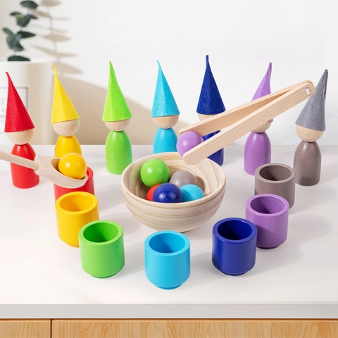 Montessori Wooden Color Sorting Toy Set Rainbow Peg Dolls With Felt Hats Wooden Cups Balls Matching Game Early Learning Educational Toy Gift For Kids