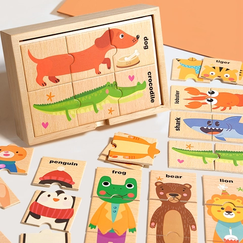 Set di Puzzle in Legno per Animali Con Scatola Montessori Educativo Apprendimento Precoce Giocattolo di Abbinamento Parole per Bambini