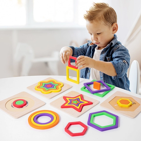 Montessori Madera Puzzle 3D Formas Geométricas Juguete Arcoíris Bloques de Construcción Anidados Educativo Cognición Juguete para Niños
