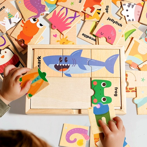 Set di Puzzle in Legno per Animali Con Scatola Montessori Educativo Apprendimento Precoce Giocattolo di Abbinamento Parole per Bambini