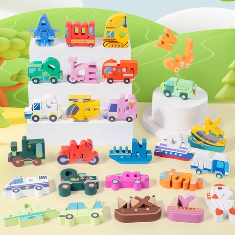 Puzzle Alfabeto Animali Trasporti Tridimensionale in Legno per Bambini Giocattolo Educativo Cognitivo Blocchi a Cartone Animato