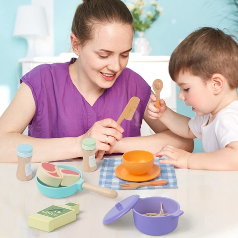 Kinder Holz Rollenspiel Küche Spielzeug Set Töpfe Pfannen Utensilien Kochen Für Mädchen Pädagogisches Montessori Simulation Essen Spielzeug