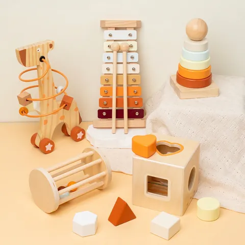 Set di Giocattoli in Legno Montessori Educazione Precoce Musica Xilofono Classificatore di Forme Anelli Impilabili per Bambini