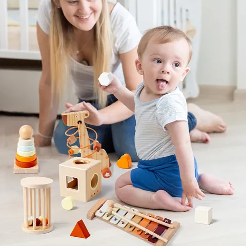 Set di Giocattoli in Legno Montessori Educazione Precoce Musica Xilofono Classificatore di Forme Anelli Impilabili per Bambini