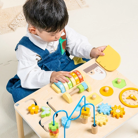 Wooden Multi-functional Busy Table For Kids Montessori Educational Toy With Bead Maze Clock Gears Learning Activity Center
