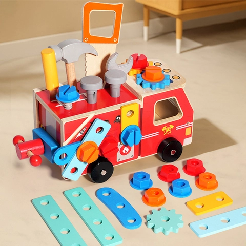 Kids Wooden Fire Truck Assembly Toy Tool Set Educational Disassembly Truck with Hammer Wrench Screwdriver for Toddlers