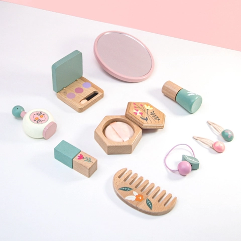 Kids Wooden Simulation Makeup Toy Set Korean Style Floral Pattern Pretend Play Cosmetics Kit With Storage Bag For Girls