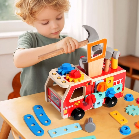 Kids Wooden Fire Truck Assembly Toy Tool Set Educational Disassembly Truck with Hammer Wrench Screwdriver for Toddlers