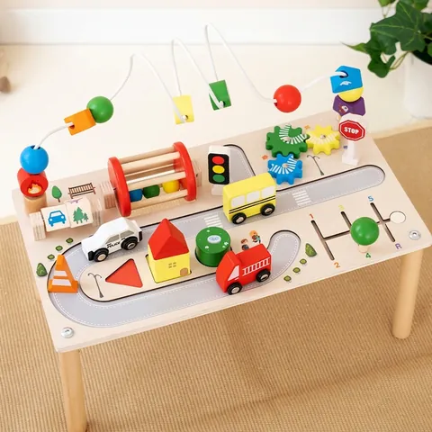 Montessori Wooden Activity Table For Toddlers Educational Bead Maze Busy Board Multi-Functional Traffic Theme Learning Toy For Kids