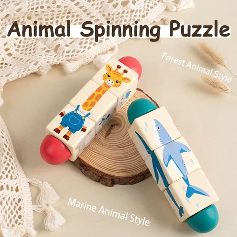 Wooden Rotating Puzzle Blocks For Toddlers Montessori Educational Animal Sea Creature Hand Grip Fine Motor Skill Training Toy