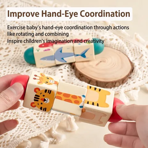 Wooden Rotating Puzzle Blocks For Toddlers Montessori Educational Animal Sea Creature Hand Grip Fine Motor Skill Training Toy