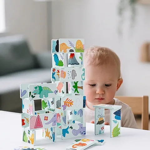 Costruzioni Domino di Dinosauri in Legno Giocattolo Educativo per Bambini Allenamento Coordinazione Occhio-Mano Regalo Neonato