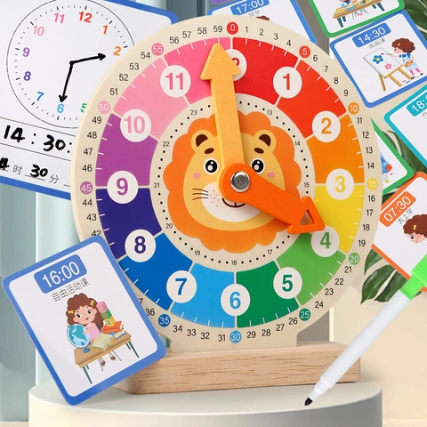 Wooden Lion Clock Teaching Aid For Kids Time Number Cognition Learning Preschool Educational Toy Kindergarten Montessori Tool