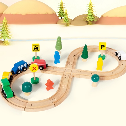Educational Wooden Train Track Toy Set For Kids Assembly Building Blocks With Magnetic Cars Trees Signs Figures Scene Simulation