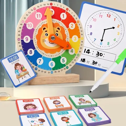 Wooden Lion Clock Teaching Aid For Kids Time Number Cognition Learning Preschool Educational Toy Kindergarten Montessori Tool