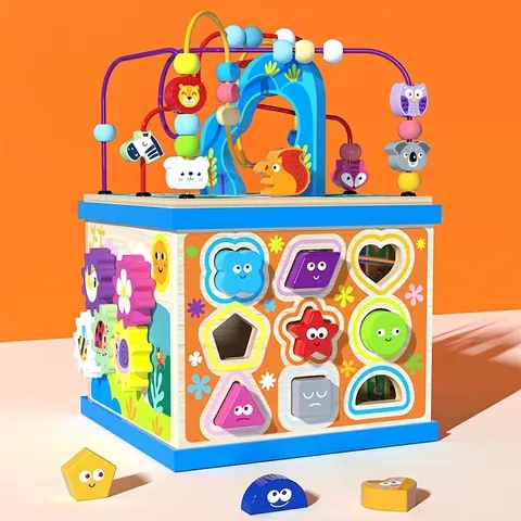 Cubo di Attività in Legno Labirinto di Perline Giocattolo Educativo Montessori Box di Apprendimento per Bambini Orologio Puzzle