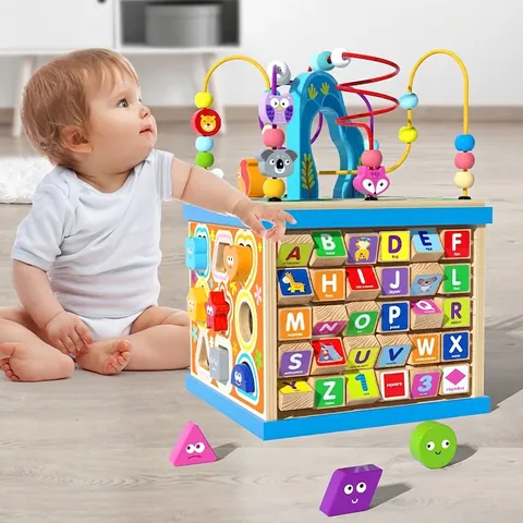 Cubo di Attività in Legno Labirinto di Perline Giocattolo Educativo Montessori Box di Apprendimento per Bambini Orologio Puzzle