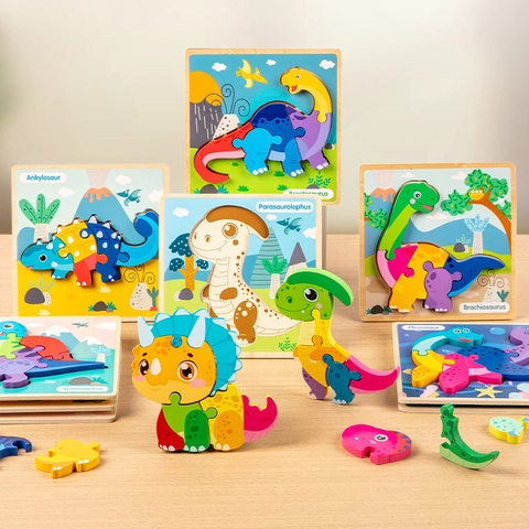 Wooden 3D Cartoon Dinosaur Puzzle For Toddlers Educational Animal Jigsaw Board Montessori Toy For Kids Early Learning Gift