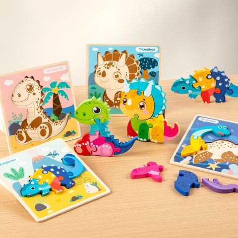 Wooden 3D Cartoon Dinosaur Puzzle For Toddlers Educational Animal Jigsaw Board Montessori Toy For Kids Early Learning Gift
