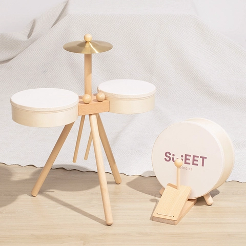 Set di Tamburi in Legno Montessori per Bambini Piccoli Strumento Musicale a Percussione Con Piatti e Bacchette Giocattolo Educativo Naturale