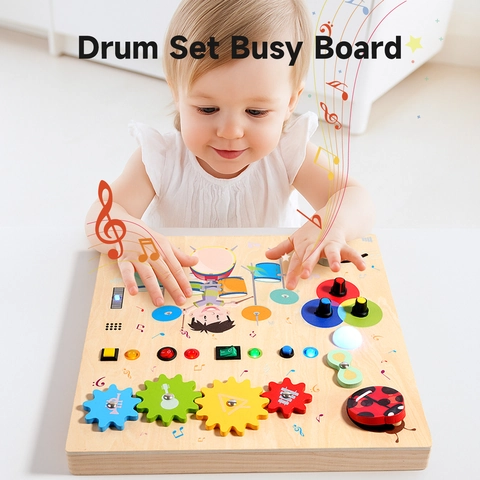 Wooden Drum Set Sensory Busy Board For Toddlers LED Light Switches Gears Music Educational Montessori Toys Christmas Gift For Kids