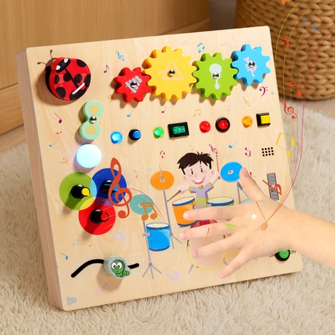 Wooden Drum Set Sensory Busy Board For Toddlers LED Light Switches Gears Music Educational Montessori Toys Christmas Gift For Kids