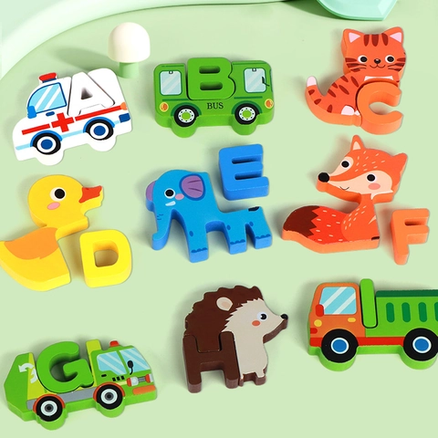 Blocchi Puzzle in Legno Alfabeto Animali Giocattoli Educativi per Bambini Lettere ABC 3D Riconoscimento dei Trasporti