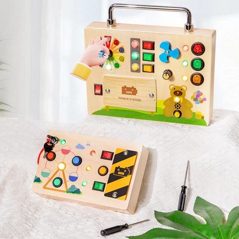 Busy Board LED in Legno Giocattolo Educativo Montessori Orso Ruota Panoramica Allenamento Sensoriale Giocattolo per Bambini
