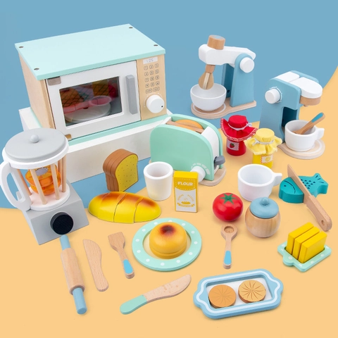 Wooden Pretend Play Kitchen Toy Set For Kids Simulated Mixer Coffee Maker Juicer Macaron Printed Educational Montessori Toys