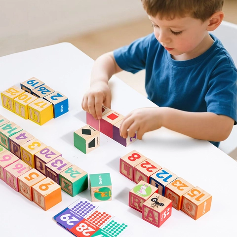 Set di Blocchi da Costruzione in Legno Con Alfabeto e Numeri Per Bambini Giocattoli Educativi Montessori Carte Cognitive
