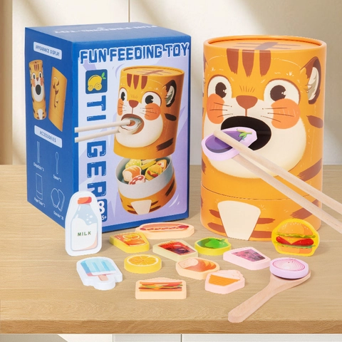 Gioco di Alimentazione in Legno Giocattolo Educativo Tema Tigre Allenamento Motricità Fine Con Cucchiaio Bacchette per Bambini